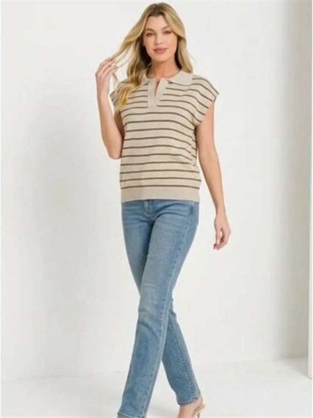Zenana Viscose Striped‎ Collared Sweater Vest - Picture 2 of 2